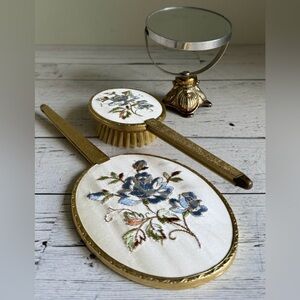 Vintage Embroidered Silk Dresser Set: Brush, Mirror & Magnifying Mirror